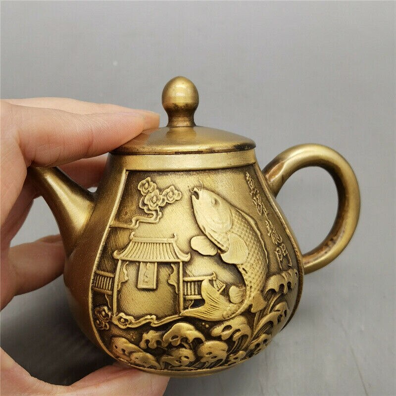 Chinese Antiques Collection Brass Carp Jumping Dragon Gate Teapot
