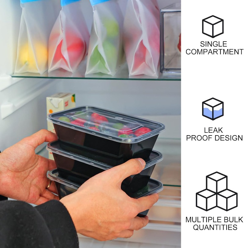 Wegwerp lunchbox Plastic voedselcontainers Zwart fruit Groenten Dozen met deksel voor salades Sandwiches Keukenopslaggereedschap