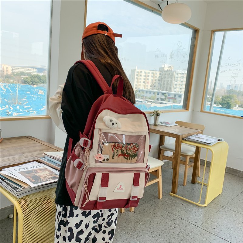 Waterdichte Badge Ita Vrouwen Rugzak Transparante Contrast Kleur College Gilrs Schooltassen Vrouwelijke Flap Multi-Pocket Laptop Rugzak