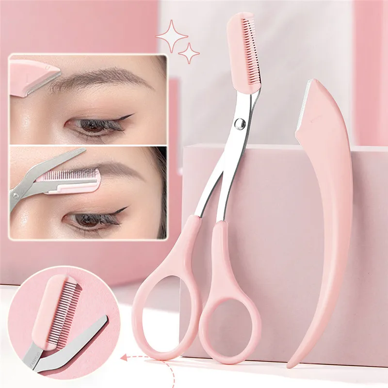 Augenbrauen schneider Schere mit Kamm Edelstahl Augenbrauen Wimpern Haars chere tragbare rosa Augenbrauen Trimmer Set Make-up Werkzeuge