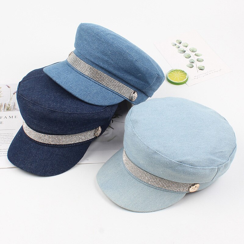 Women Duckbill Cap Denim Jean Flat Top Short Brim Bling Bling Rhinestone Cool Casual Cowboy Hat Caps