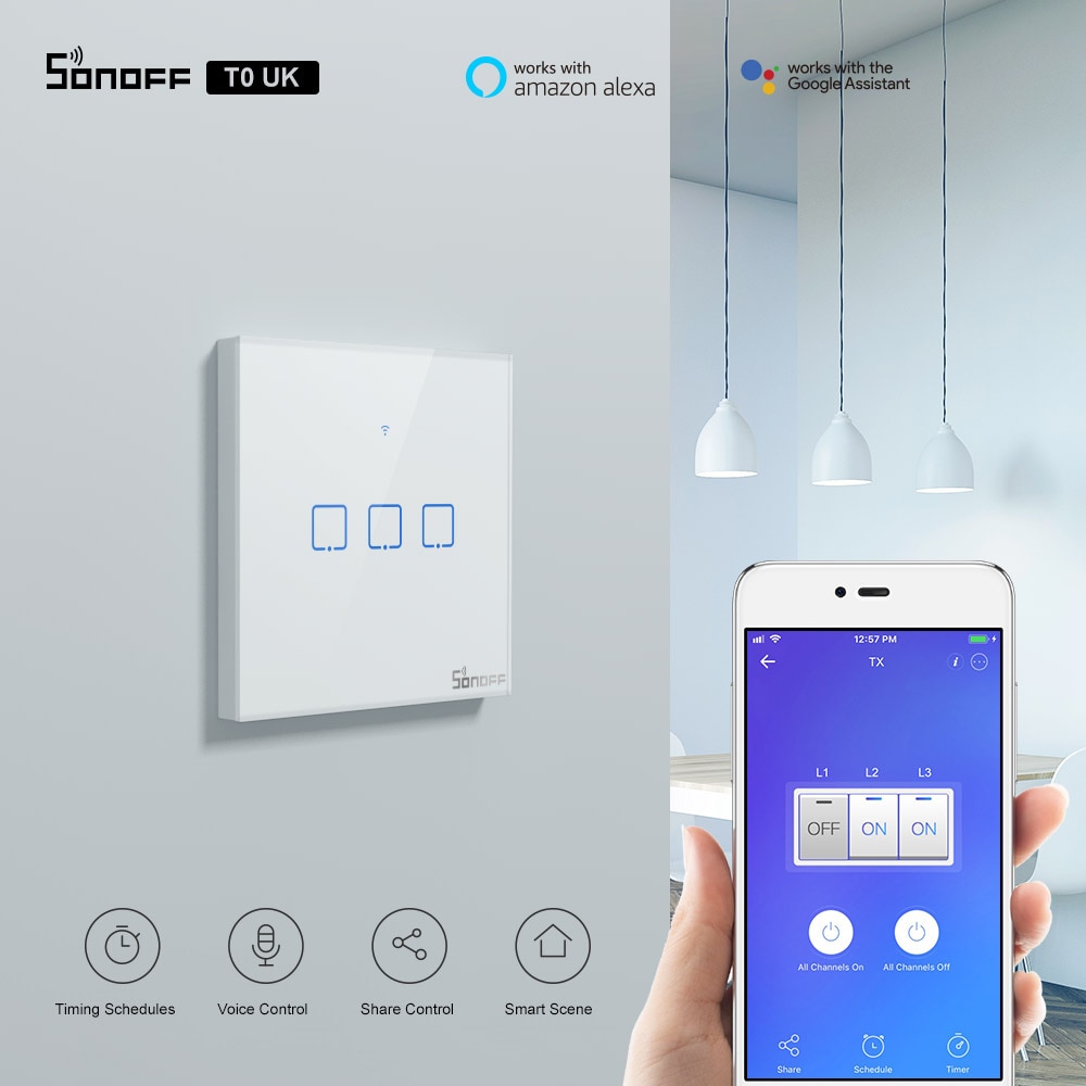 Itead SONOFF TX UK Touch Switch Wifi Wall Light Switch T0UK Wireless Smart Remote Controller via e-WeLink APP Works With Alexa
