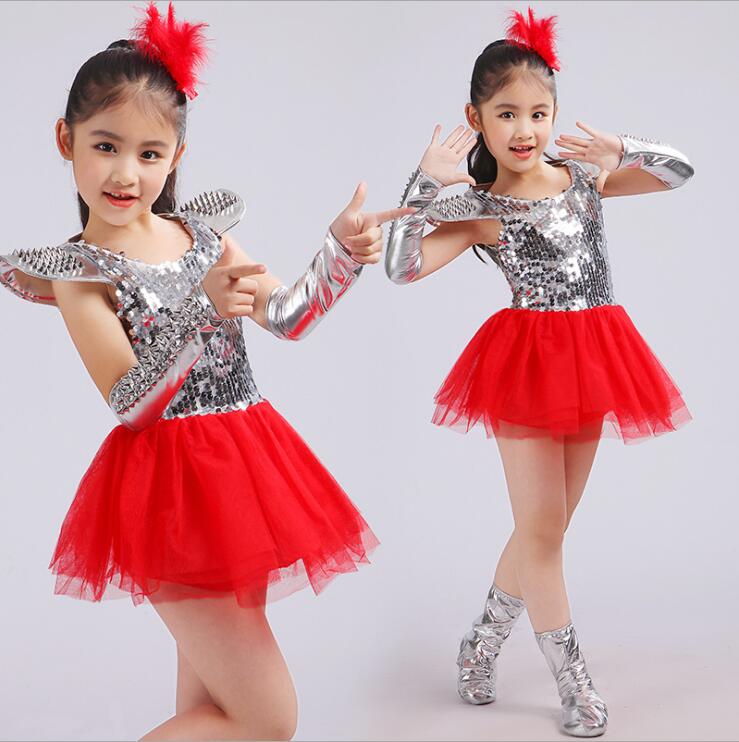 Children Jazz Dance Costumes Fancy Dress Girls Sequined Ballroom Dancing dress Clothes Kids Modern hip hop Stage wear Outfits: 140