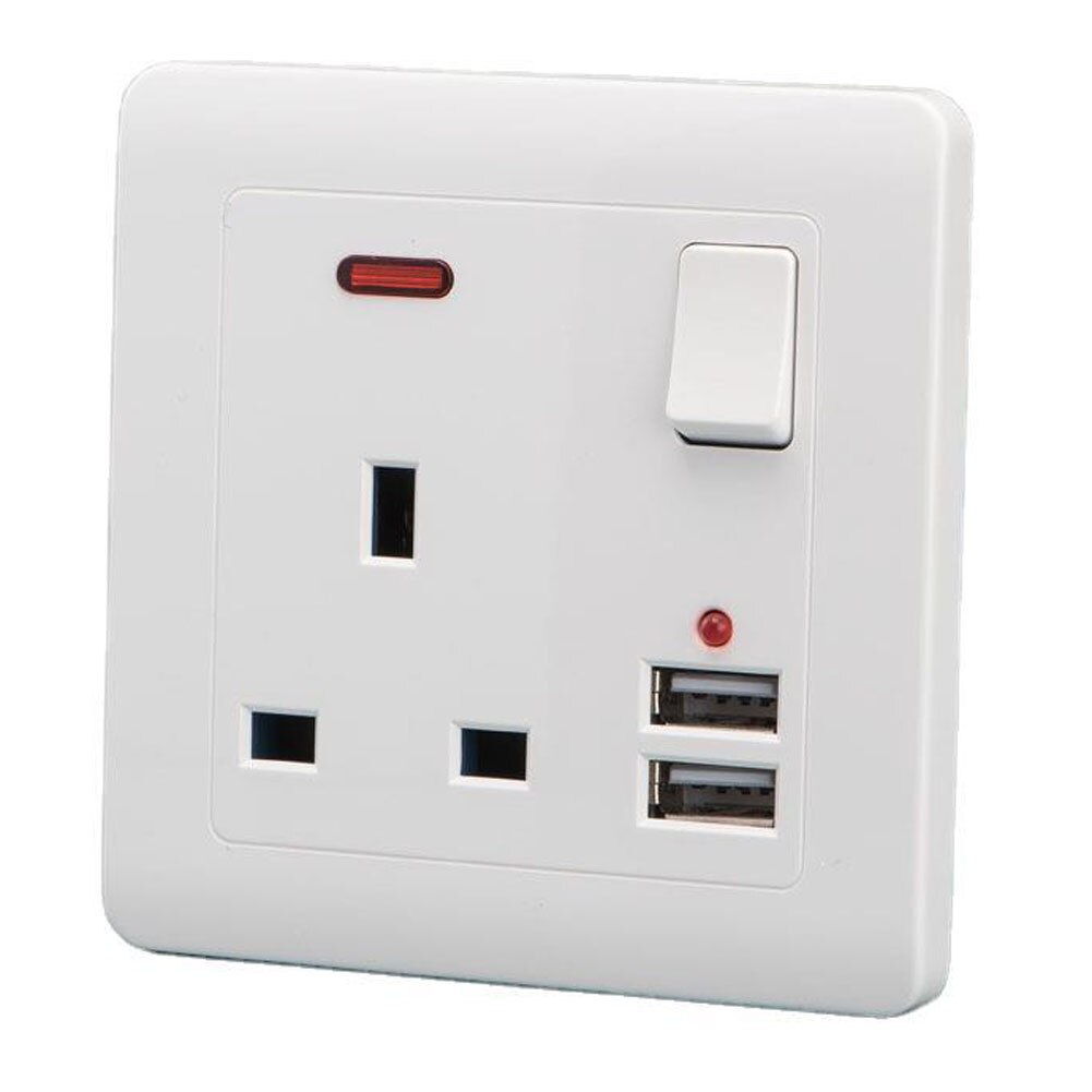 13a Double Wall Uk Plug Socket 2 Gang 13a With 2 Usb Charger Port Outlet Plate White Multifunctional Socket House Decoration