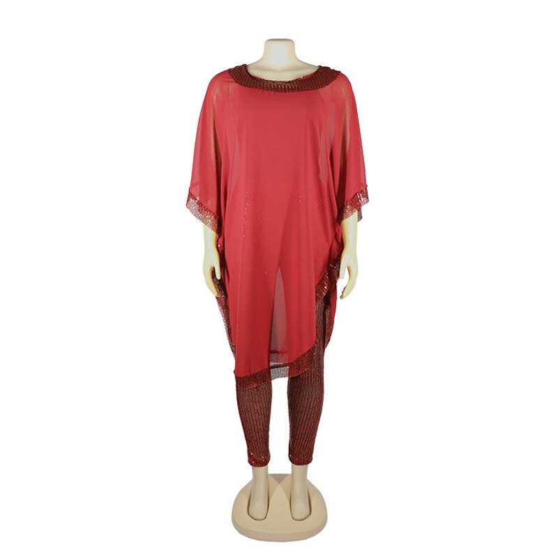 Conjunto africano de dos piezas de gasa, conjunto de ropa Dashiki informal de dos piezas para mujer, Top de manga murciélago y pantalones de tubo de lentejuelas,: Red / XXL
