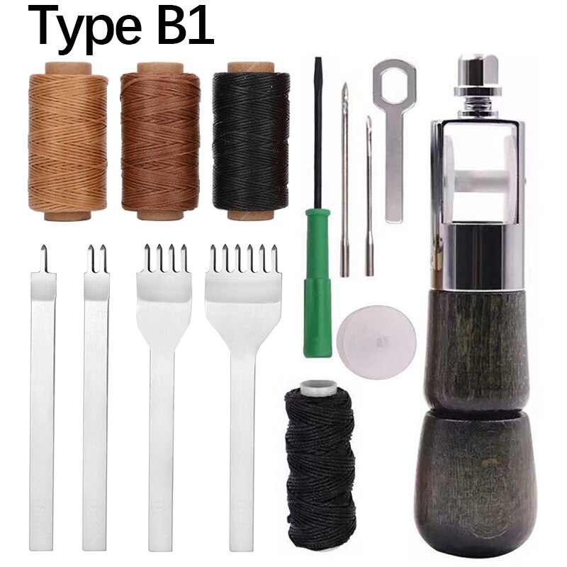 Juego de punzón de costura de cuero con cinceles de cuero, hilo encerado plano, rueda de Overstitch, aguja cónica, Zapatero, herramientas de puntada Manual: Type B1
