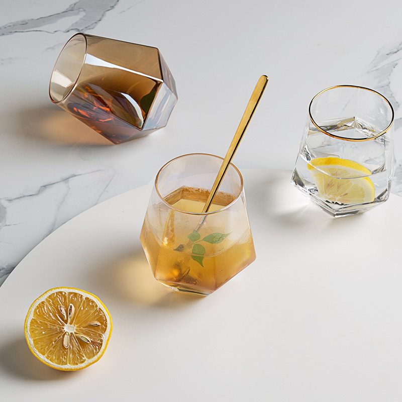 Geometrisk sekskantet glass phnom penh sølvkant husholdning gjennomsiktig drikke kopp te whisky