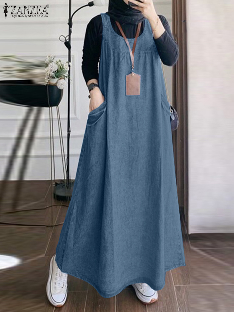 Sommer Elegante Overalls Kleid ZANZEA Muslimischen Maxi Sommerkleid Robe Femme Vintage Straps Solide A-line Denim Blau Vestidos Kaftan 2024