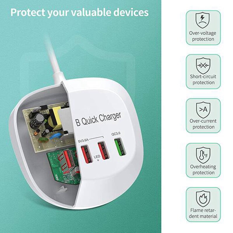 USB Charger Hub with Quick Charge 4 USB Port Portable Fast Phone Charging Station for Home Office Desktop Travel US Plug