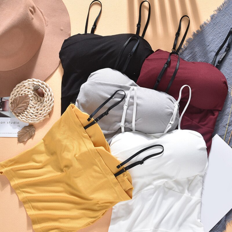 Sexig kvinnaväst sommar enfärgad slimmad crop top ärmlös sele kort stötsäker push-up väst för kvinnor