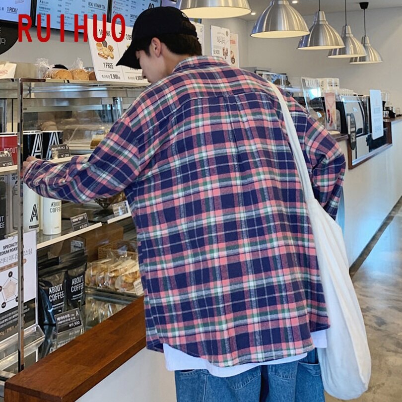 Ruihuo våren casual rutig skjorta herr slim fit bomull herr långärmade skjortor herr toppar märke plus size m -2xl