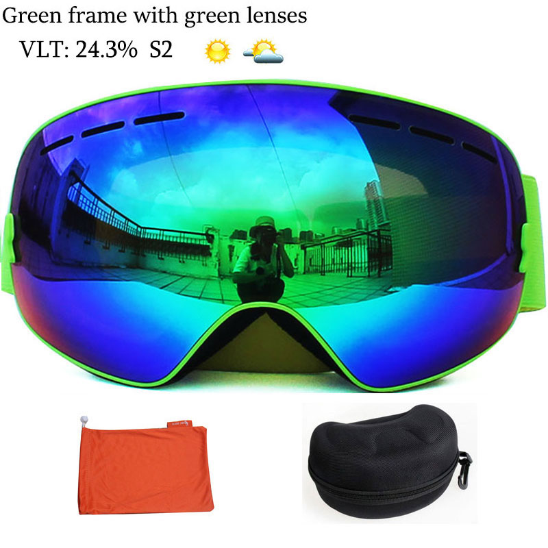 Benice double Layers UV anti-fog lens Men ski goggles big spherical skiing snowboarding snow glasses Eyewear 3100 Set case: Green