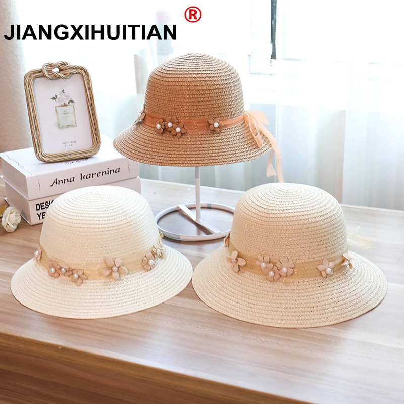 Solperler stråhat sejlerhat piger sløjfe sommerhatte til kvinder strand panama stråhat chapeau femme 48-52-54-58cm