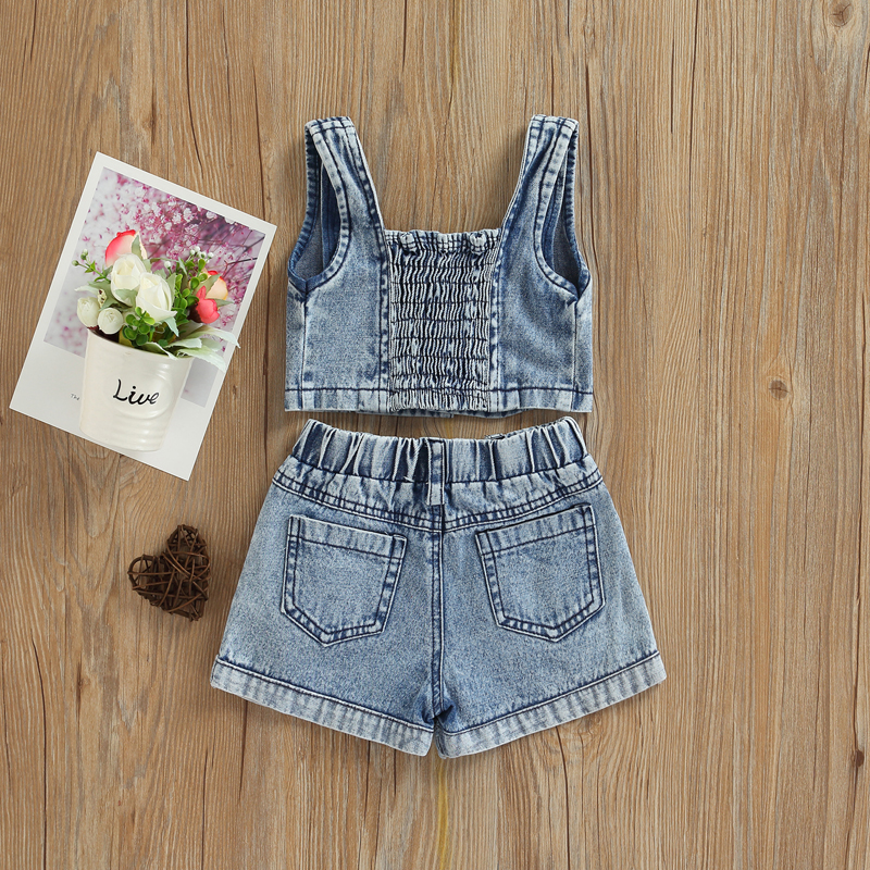 Fashion Kid Baby Girl Outfit Set tracolla senza maniche Crop Top + anguria Denim Shorts Set di abbigliamento estivo per bambini