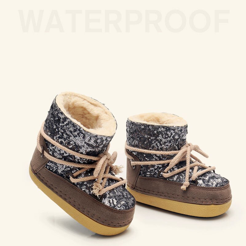 Ouder-kind warme wollen sneeuwlaarzen meisjes winterwarmte met fluwelen laarzen prinses pailletten korte skischoenen