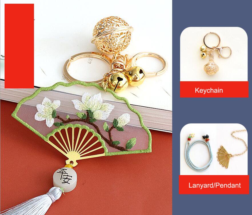 Handmade Diy w kształcie wachlarza zakładki wieszak samochodowy haftowany materiał torba z frędzlami dwustronny haft Ping Fu na prezenty Deco: A481