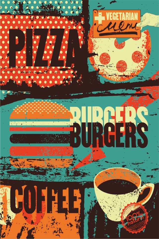 Pizza Hamburger Koffie Retro Vintage Houten Poster 328245582