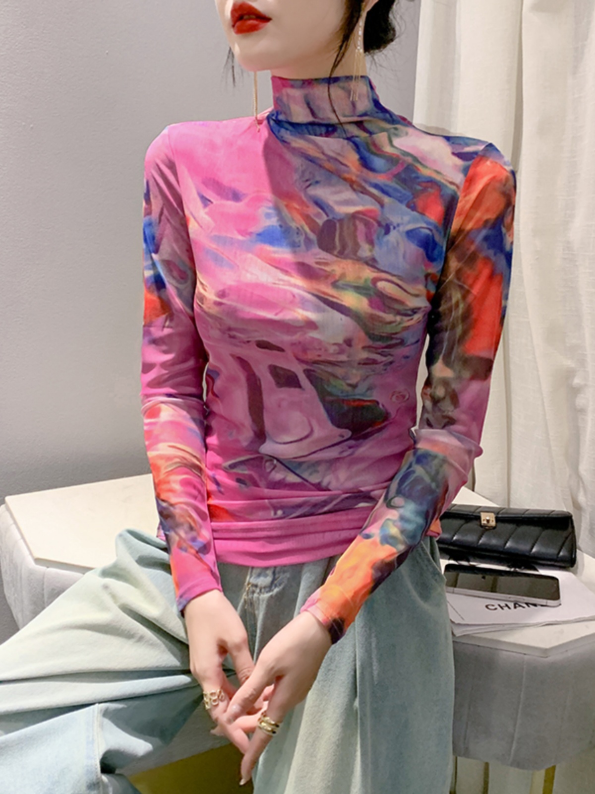 Size S-4XL Women's Long Sleeve Turtleneck Mesh T-shirt Women's Positioning Flower TShirts Female High Stretch Slim Top: XXL / Beige