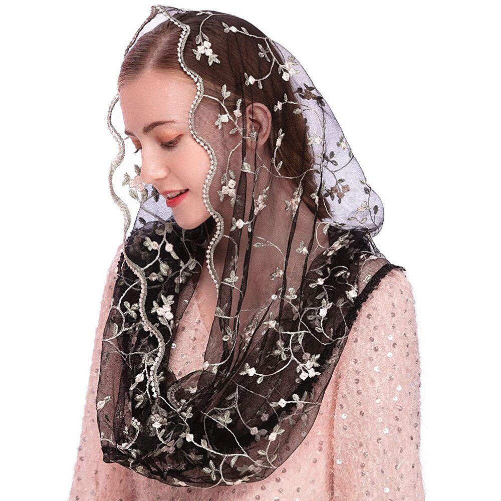 Velos de la Virgen para mujer, velo Infinity de Mantilla para mujer, masa latina, pequeño bordado Floral suave, pañuelo para cubrir la cabeza de encaje para novia: black