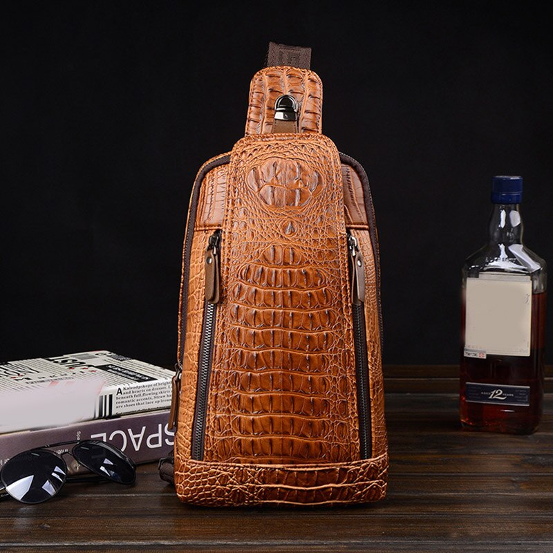 Bolso de pecho con patrón de cocodrilo de cuero para hombre, bandolera con correa ajustable, orificio para auriculares, d88
