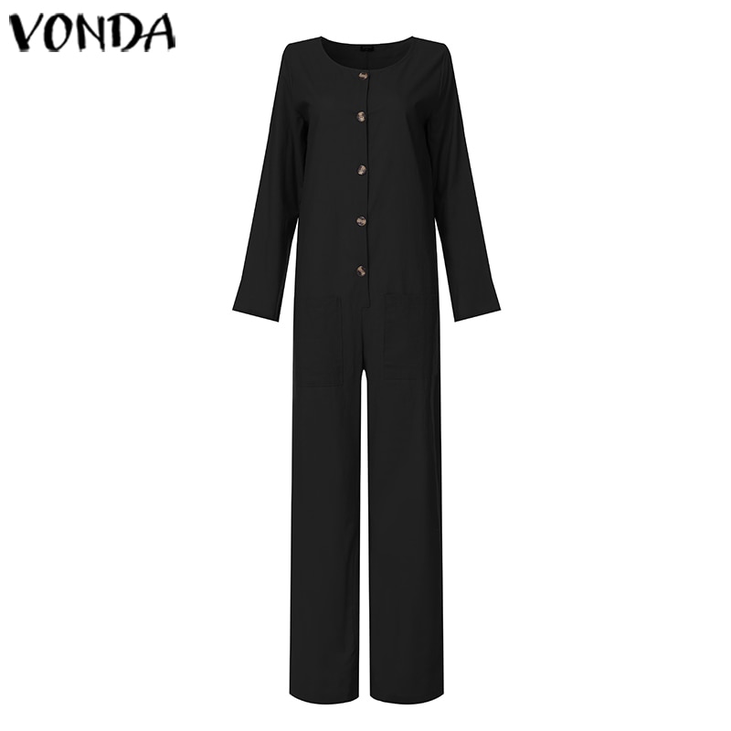 Vonda kvinna höst bomullsbyxor dam jumpsuits knapp kontor dam playsuit casual lösa pantalon plus size byxor: Svart / 4xl