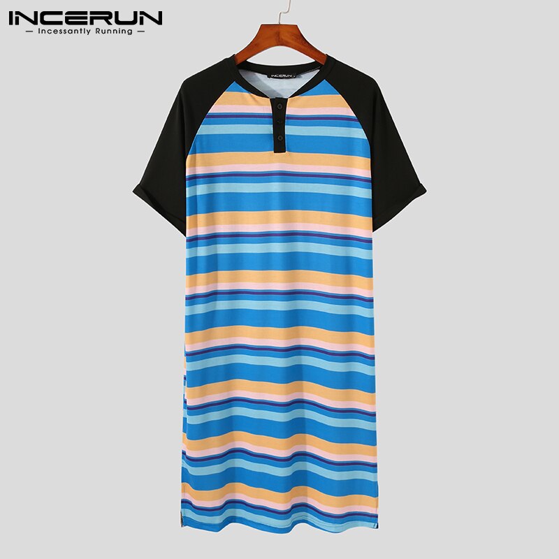 Man Casual Losse Knoppen Homewear Incerun Leisure Gestreepte Badjassen Heren Korte Mouw O Neck Patchwork Slaap Gewaden Zomer S-5XL