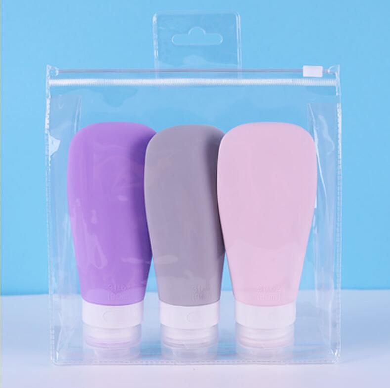 1 lot /3 st silikonpåfyllningsbar flaska 60/90ml reseschampoflaska lotionpackningspressflaskor bärbar kosmetikbehållare: Rosa lila grå 3 st / 60ml 2oz