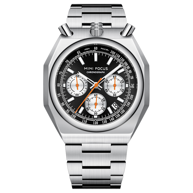 MINI FOCUS MF0601G Luxury Men Quartz Watch Waterproof Chronograph Stainless Steel Band Luminous Hands Classic Wristwatch: Silver