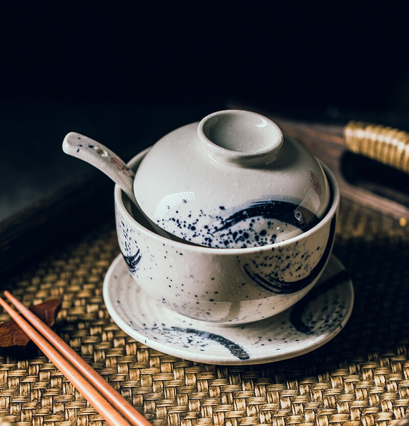 Japanse soepkom aardewerk stoofpot met deksel lepel bodem schotel set eetkamer restaurant mini pot kleine soep dessert cup servies
