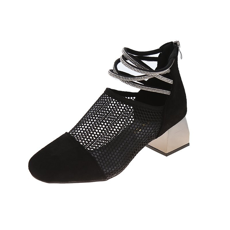 Style Women's Sandal Women's Suede Sandal with Thick Heel and Zip Closed Leather heels women sandals: Black flock / 37