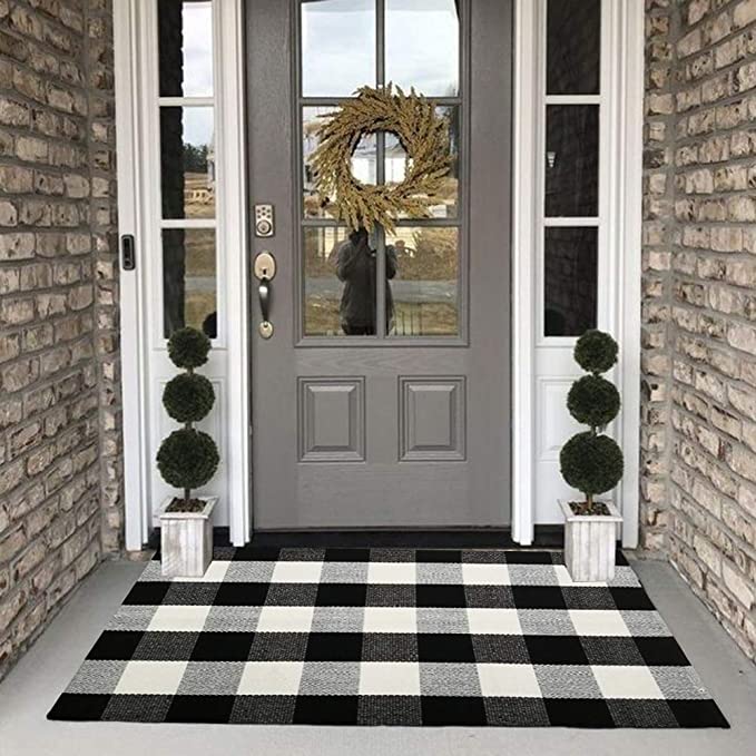 Plaid Rug - 27.5''x43'' Cotton Hand-Woven Indoor/Outdoor Area Rugs for Layered Door Mats Washable Carpet for Porch/Kitchen: 27x43inch