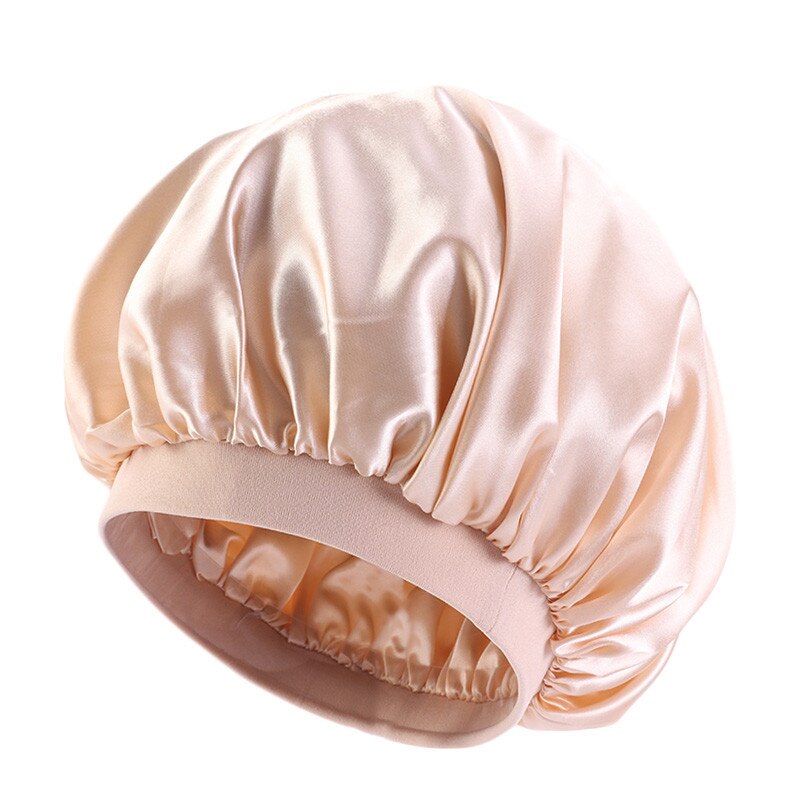 Oversized Double-layer Shower Cap, Stretch Wide-brimmed Satin Night Cap, Turban Cap: Khaki