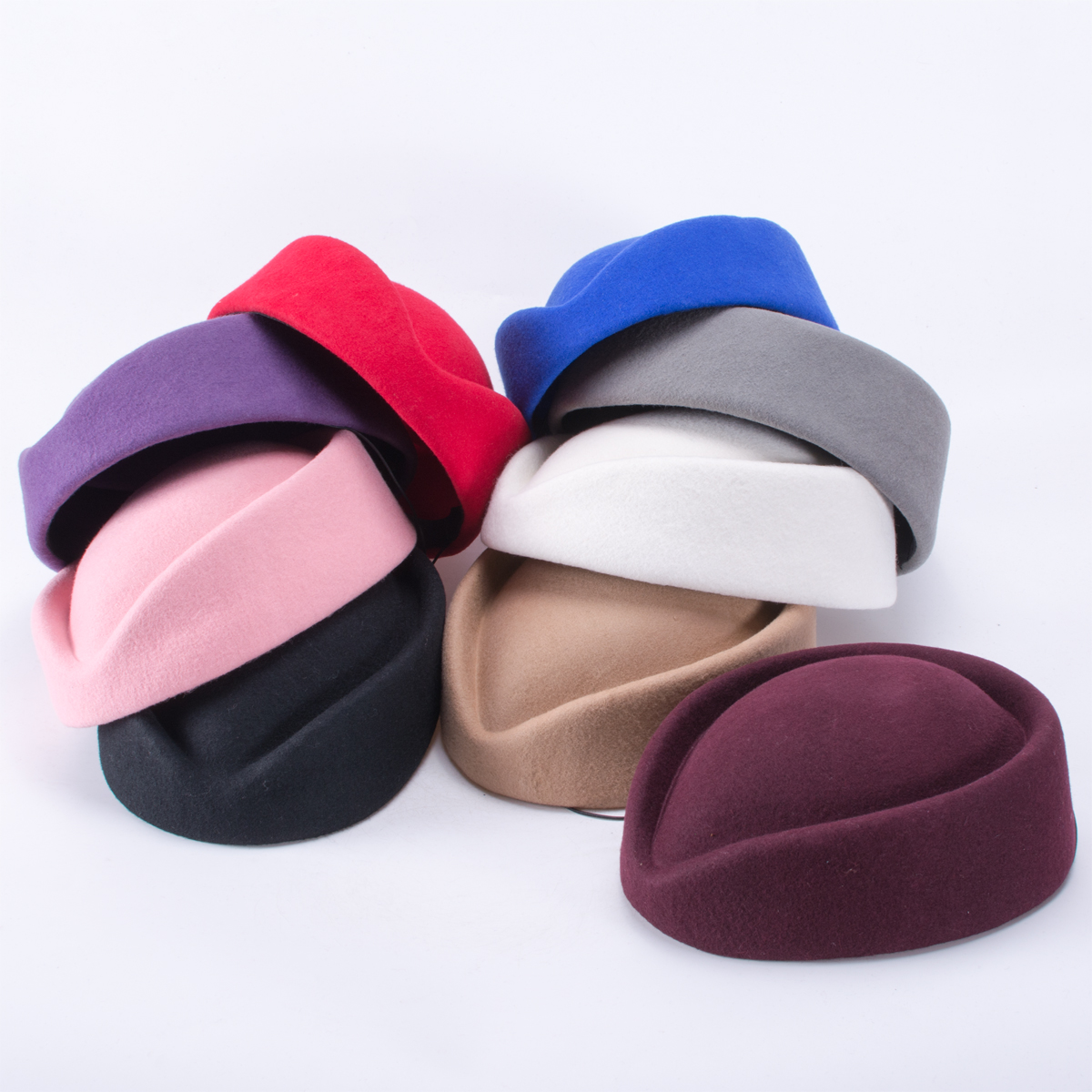 Pastillero de lana para mujer, sombrero fascinador, sombrero de azafata, sombrero de etiqueta, Gorra de fieltro lisa, boina para mujer, sombrero Formal para mujer A040