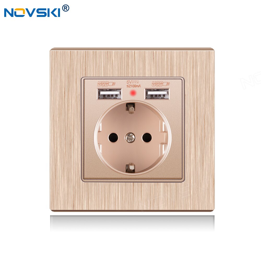 NOVSKI Pop Socket, USB-разъем 220, Electrical German Outlet, 2.1A Dual USB Charging Port with Soft LED Indicator: PC gold texture
