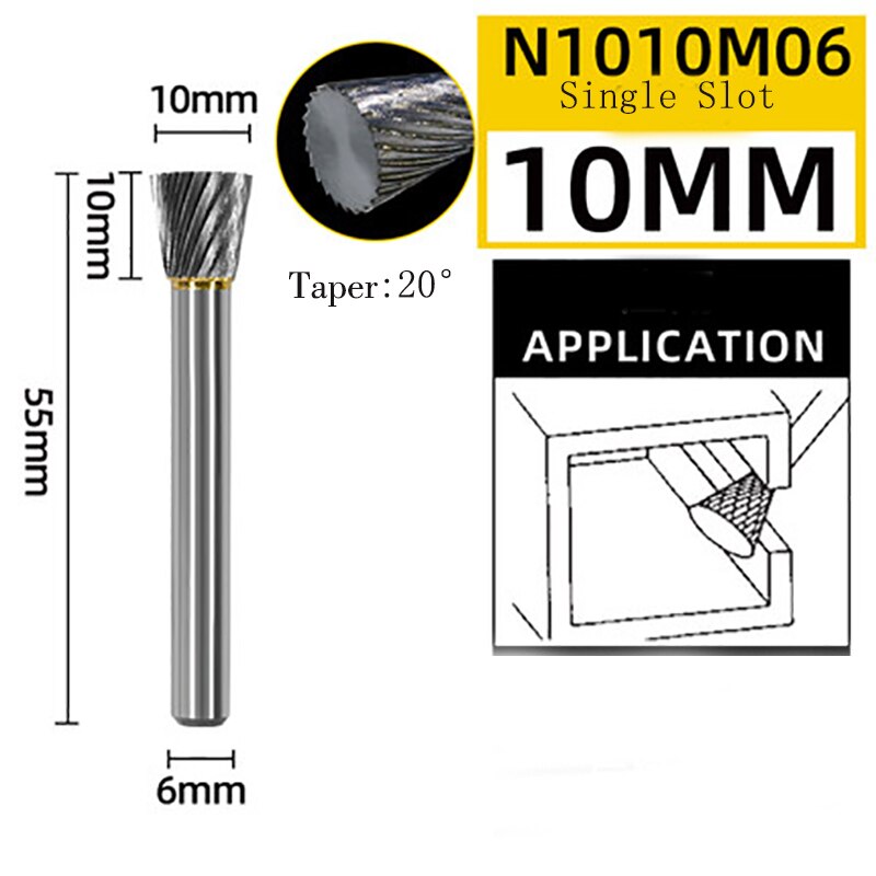 Inverted Cone Shape Alloy Rotary File 1pc Hard Metal Grinding Head Milling Cutter Tungsten Wood Carving Tool N-Type: N1010M06