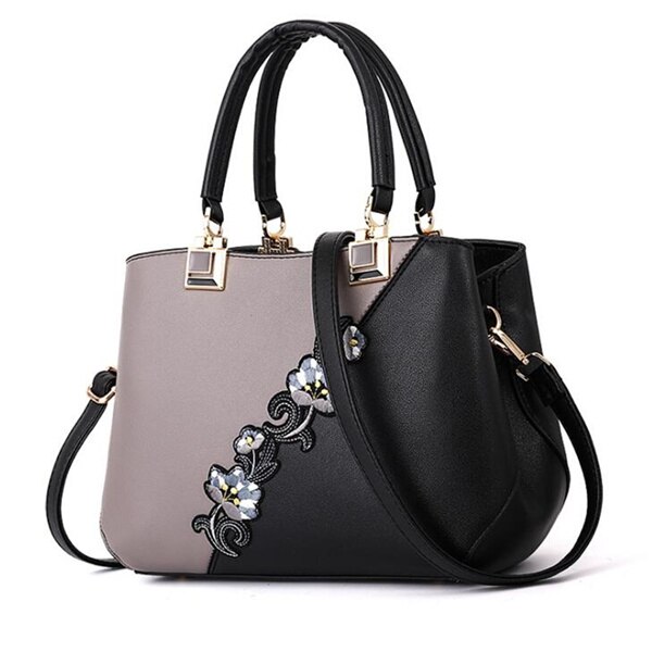 Mode Vrouwen Handtassen PU Leer Borduren Tassen Luxe Schoudertas Hit Kleur Top-handvat Hand Zakken Bloem Messenger tas: Gray