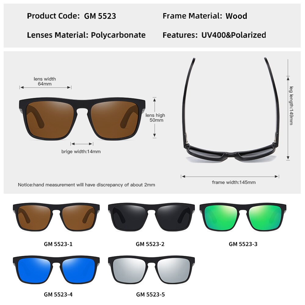Gafas de sol de madera para hombres y mujeres Con montura negra Vintage cuadrada GM gafas de sol polarizadas Retro oculos