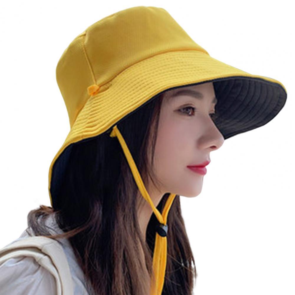 Double-sided Foldable WOmen Bucket Hat Sun Hat Solid Color Double-layered Big Sunscreen Basin Hat for Outdoor Summer: Yellow