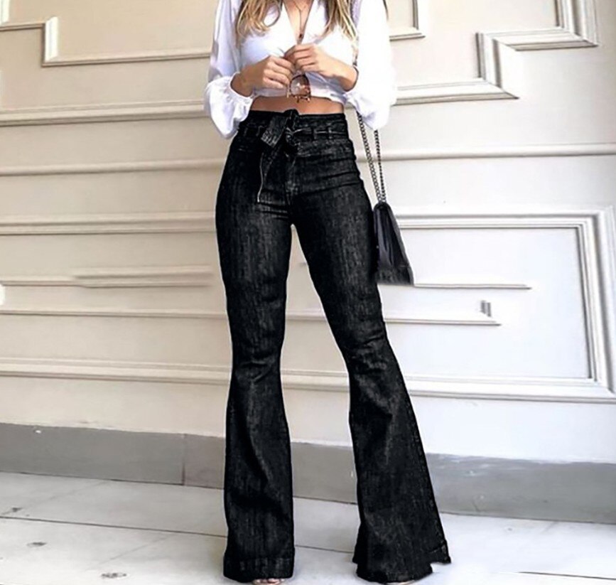 Jean à lacets pour femme, pantalon en denim , taille haute, coupe pleine longueur, automne: Black / S