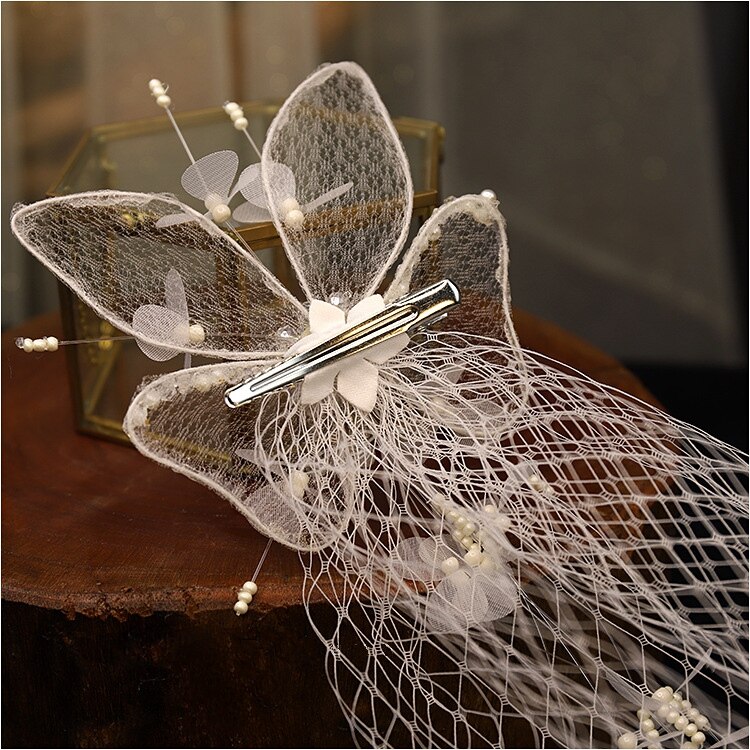 Mori koreaanse stijl prachtige zijden mesh sluier driedimensionale vlinder parelrand clip lange sluier trouwjurk haaraccessoires