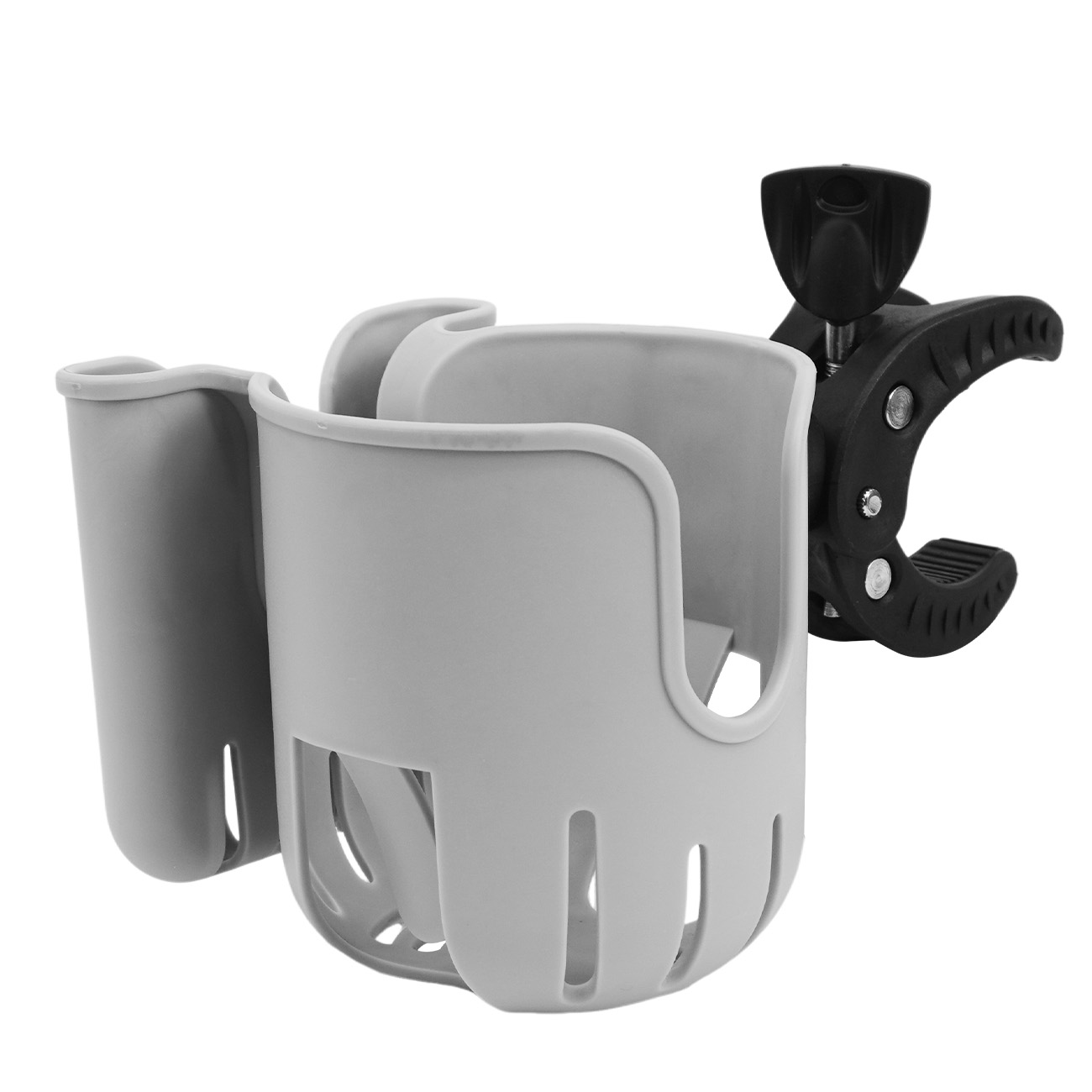 Universele 2-in-1 kinderwagen bekerhouder, 360 graden draaibare klem voor babyfles & mobiele telefoonhouder, kinderwagen accessoire: GRIJS