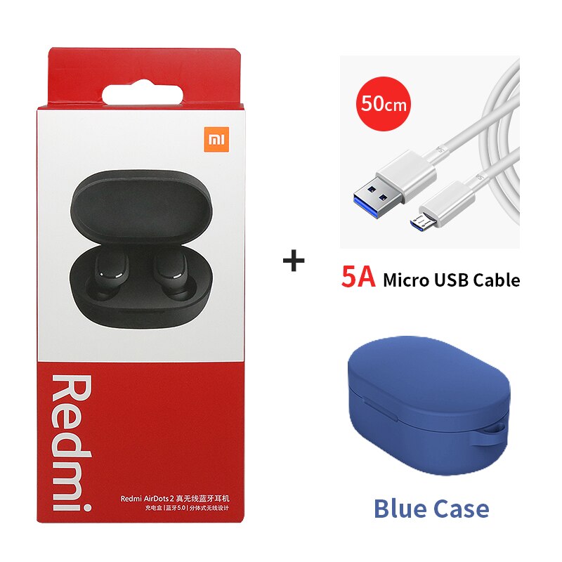 Xiaomi-auriculares Redmi Airdots 2 TWS, auriculares inalámbricos con Bluetooth 5,0, auriculares estéreo con micrófono y reducción de ruido y Control de voz: add cable blue case