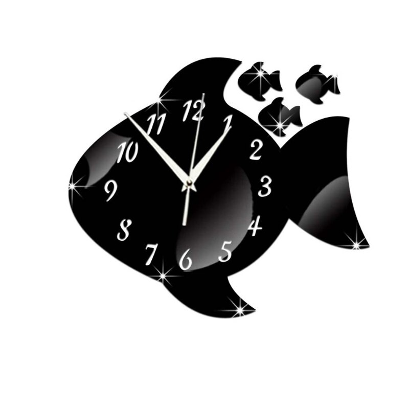 Leuke Vis Vorm Acryl Wandklok Spiegel Sticker Horloge Diy Sticker Voor Kinderkamer B36E: BK