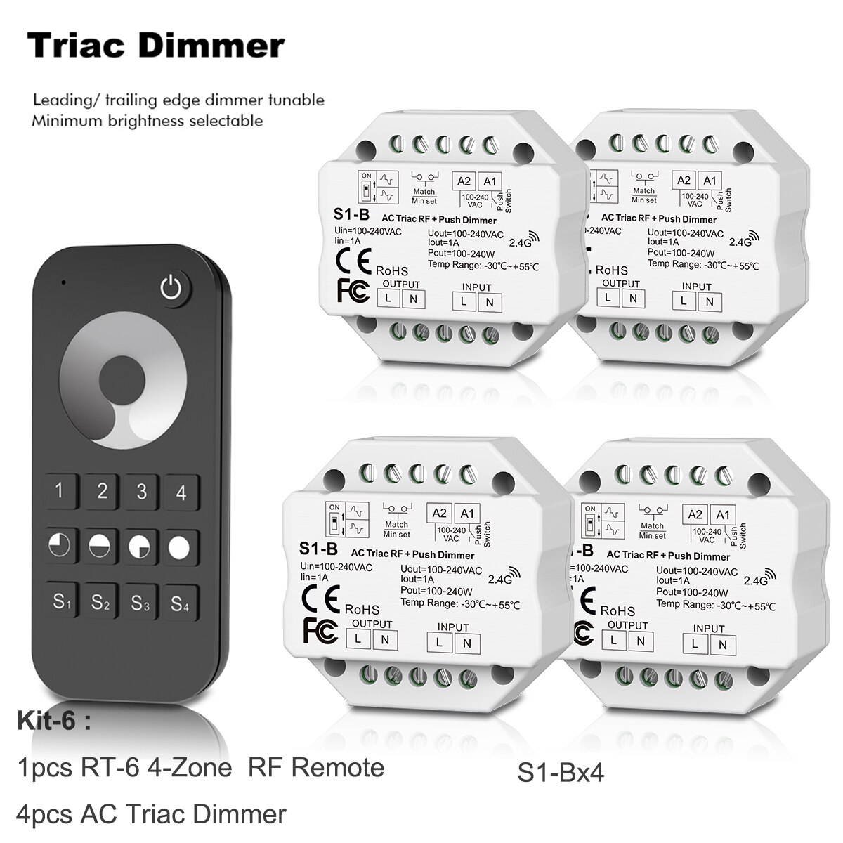Interruptor de atenuación inalámbrico LED Triac de AC110V-220V, control remoto de atenuación táctil de 4 zonas para LED de un solo Color, 2,4G, S1-B