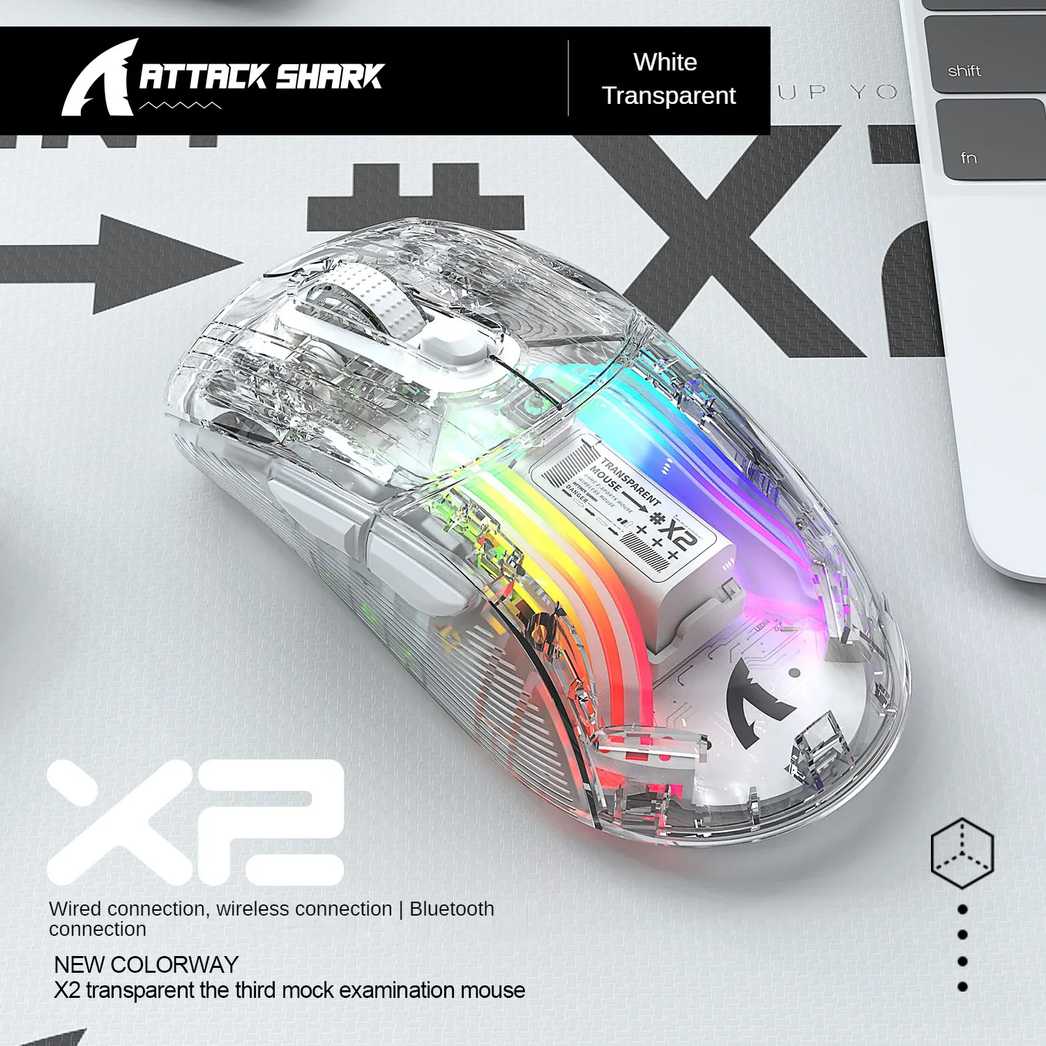 ATTACK SHARK X2 Pro tryb tryb bezprzewodowa przezroczysta obudowa mysz do gier RGB akumulator 4000 DPI ładowalna mysz dokująca: WHITE
