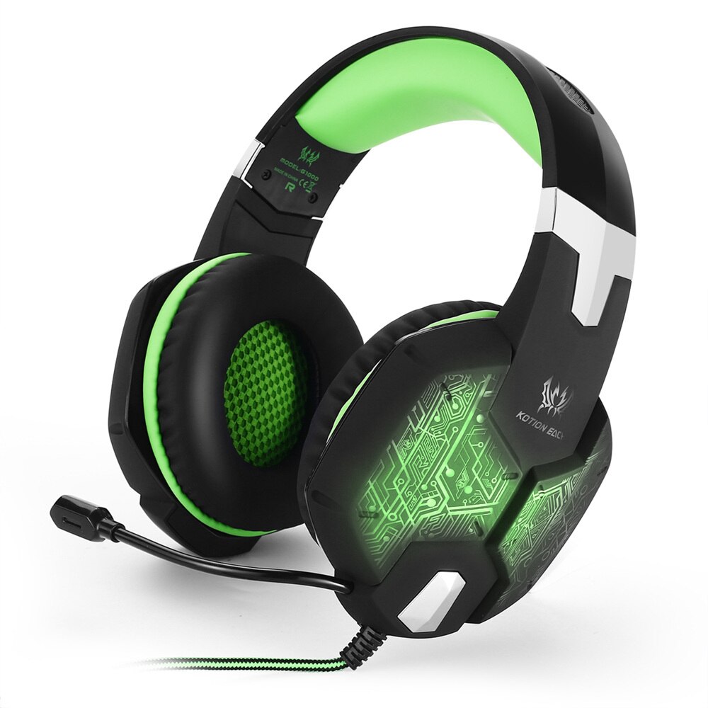 KOTION EACH G1000 Game Headset Deep Bass Game headphones Computer Stereo Gaming headphones LED light with microphone for PC Gam: G1000 Black green