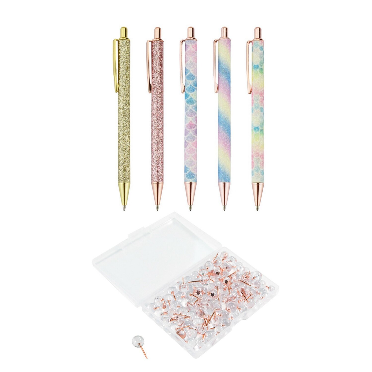 5 stuks intrekbare pennen, zwarte inkt, medium punt,  (1.0mm)  stuks roségoud & 100 stuks punaises, transparant plastic