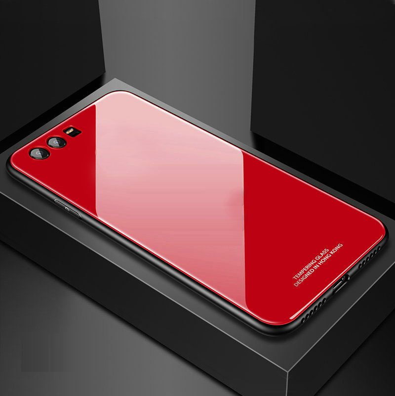 YueTuo luxury original hard glass mirror case for huawei p10 plus p10plus p 10 silicone tpu armor back coque phone cover funda: For huawei p10 / red