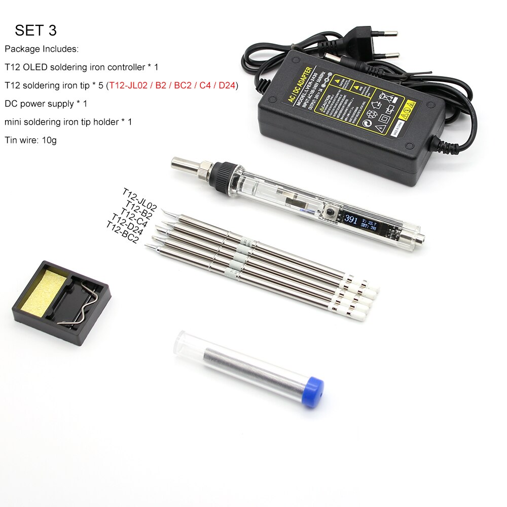 T12 OLED Electric Soldering Iron Adjustable Temperature Digital Display Soldering Iron With T12 Tips DC 12-24V Power Supply: With 5 T12 TIPS / US
