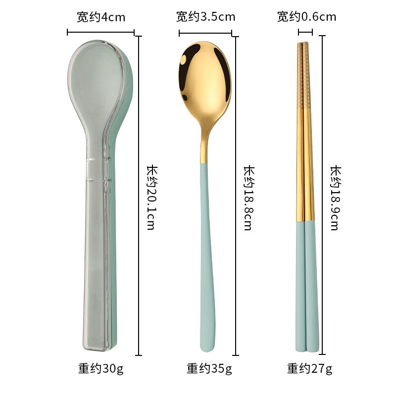 304 Stainless Steel Chopsticks Spoon Set Cutlery Set Flatware Set Tableware Soup Spoon Portable Cultery With Box: Green-Gold